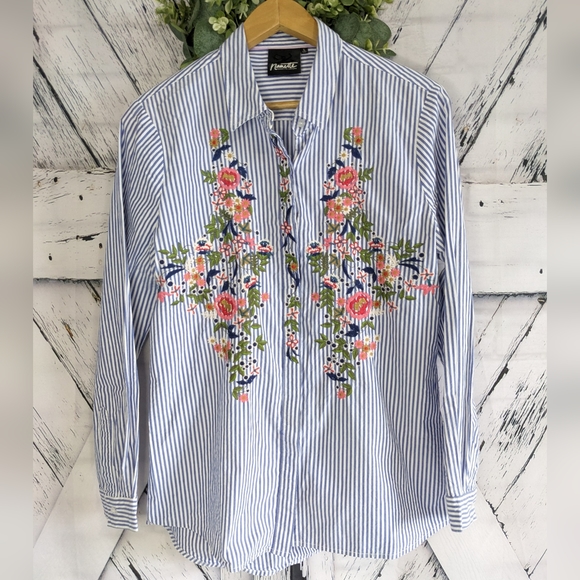 NANETTE LEPORE Embroidered Floral Button Down Long Sleeve Cotton Dress Shirt - Picture 6 of 12